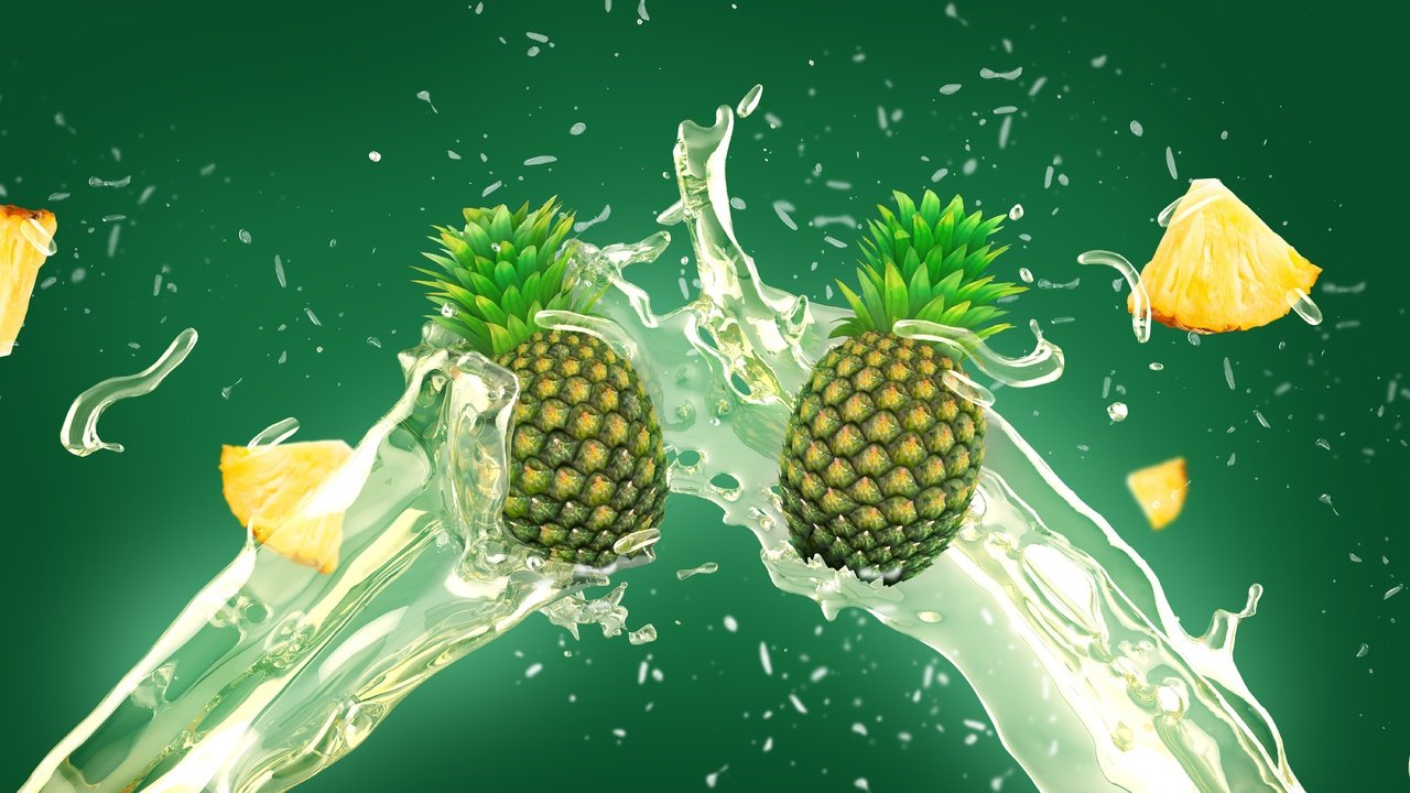 Обои фрукты, брызги, всплеск, зеленый фон, ананас, сок, fruit, squirt, splash, green background, pineapple, juice разрешение 6000x3375 Загрузить