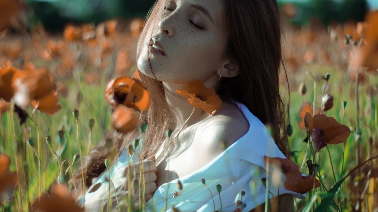 Обои цветы, девушка, маки, волосы, лицо, закрытые глаза, flowers, girl, maki, hair, face, closed eyes разрешение 2048x1356 Загрузить