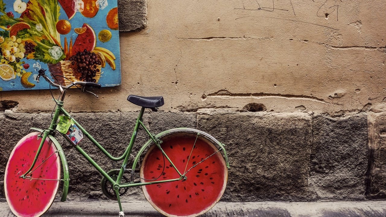 Обои диски, винтаж, ретро, фрукты, улица, арбуз, живопись, велосипед, бетон, drives, vintage, retro, fruit, street, watermelon, painting, bike, concrete разрешение 1920x1200 Загрузить