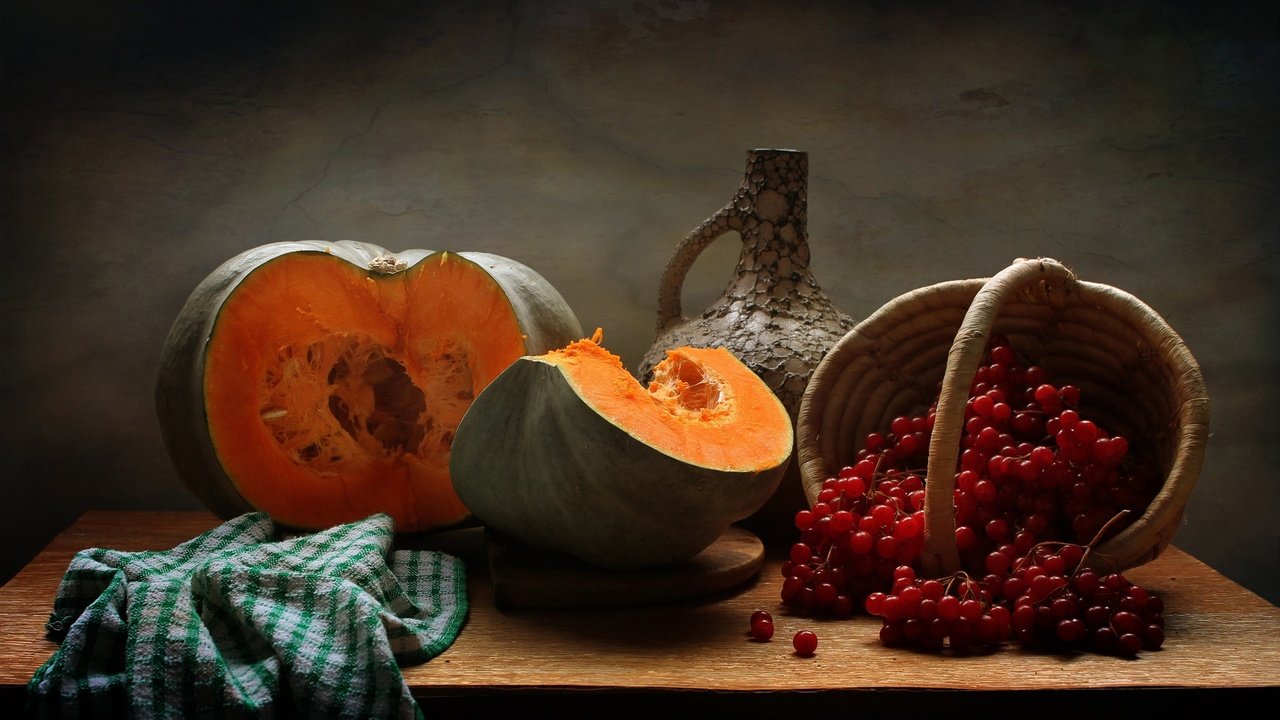 Обои осень, кувшин, тыква, натюрморт, калина, autumn, pitcher, pumpkin, still life, kalina разрешение 2829x1649 Загрузить
