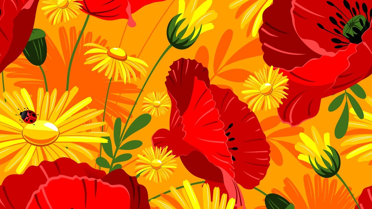 Обои цветы, маки, яркие, красных, жёлтых, и, ноготки, flowers, maki, bright, red, yellow, and, marigolds разрешение 5016x5016 Загрузить