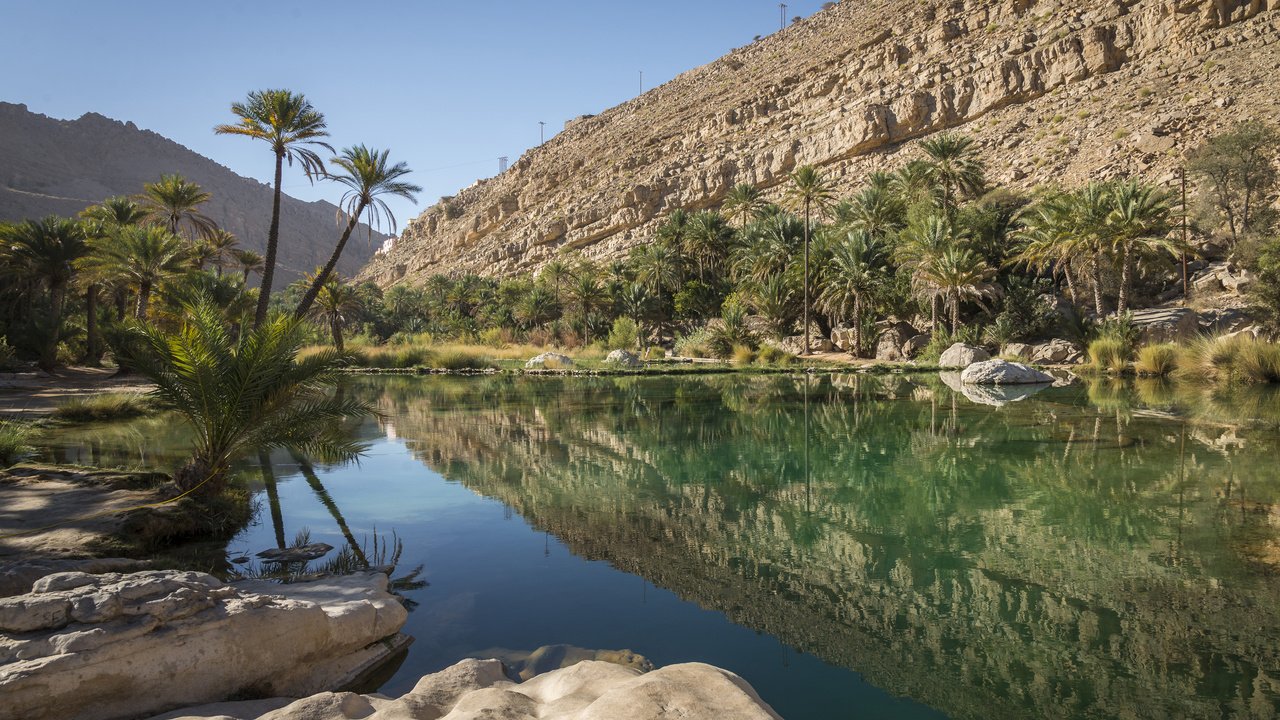 Обои озеро, природа, пустыня, пальмы, оазис, oman, lake, nature, desert, palm trees, oasis разрешение 3840x2400 Загрузить