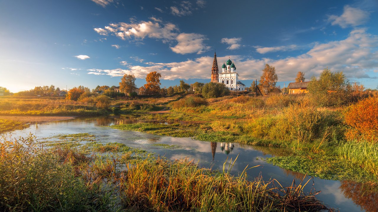 Обои река, природа, храм, пейзаж, осень, россия, церковь, river, nature, temple, landscape, autumn, russia, church разрешение 1920x1200 Загрузить