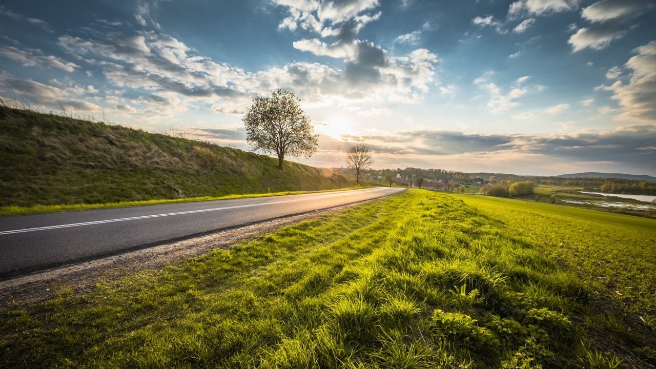 Обои небо, дорога, облака, природа, дерево, пейзаж, the sky, road, clouds, nature, tree, landscape разрешение 1920x1200 Загрузить