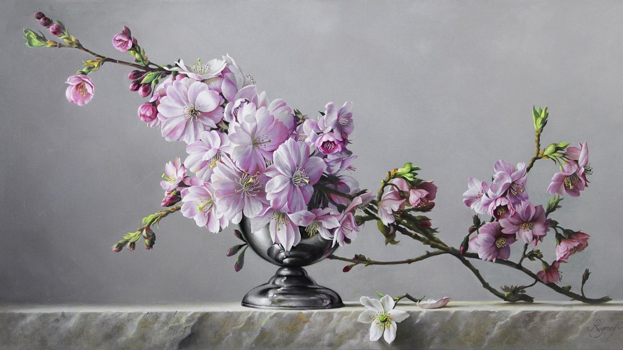 Обои цветы, арт, ветки, ваза, живопись, натюрморт, pieter wagemans, flowers, art, branches, vase, painting, still life разрешение 1920x1080 Загрузить