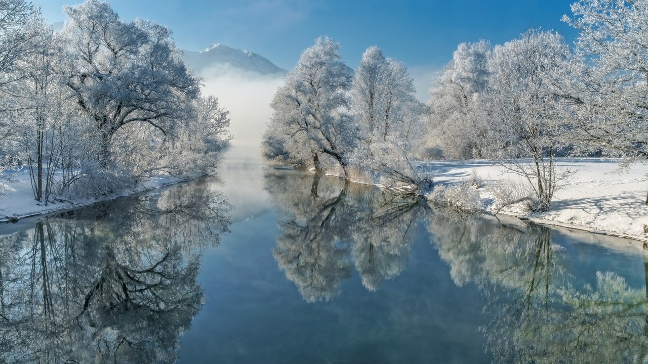 Обои деревья, река, зима, отражение, иней, trees, river, winter, reflection, frost разрешение 1920x1200 Загрузить