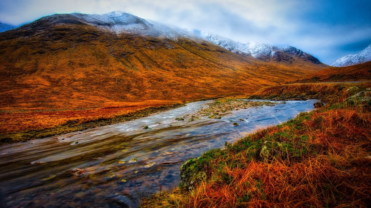 Обои небо, трава, облака, вода, горы, the sky, grass, clouds, water, mountains разрешение 3840x2160 Загрузить