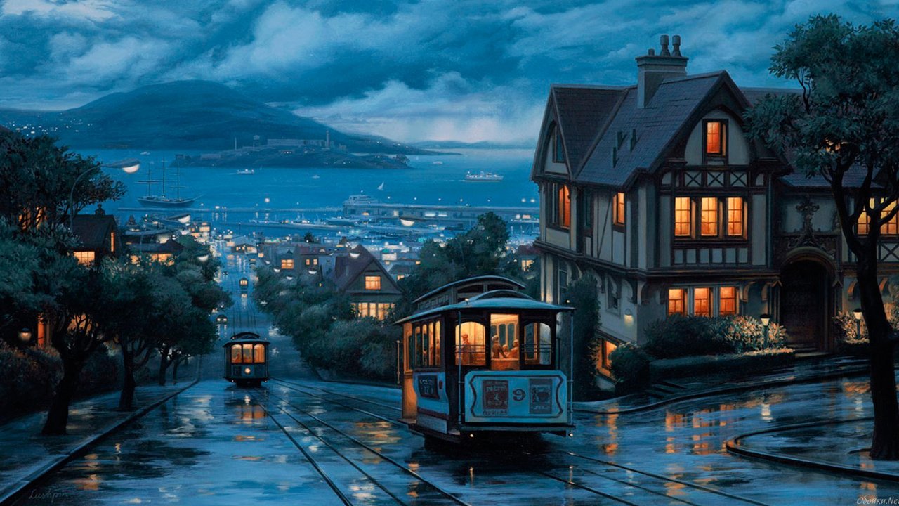 Обои город, дождь, трамвай, the city, rain, tram разрешение 1920x1080 Загрузить