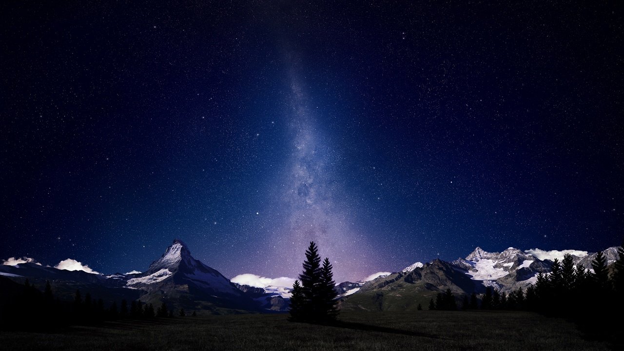 Обои небо, ночь, деревья, горы, звезды, ели, млечный путь, the sky, night, trees, mountains, stars, ate, the milky way разрешение 1920x1080 Загрузить