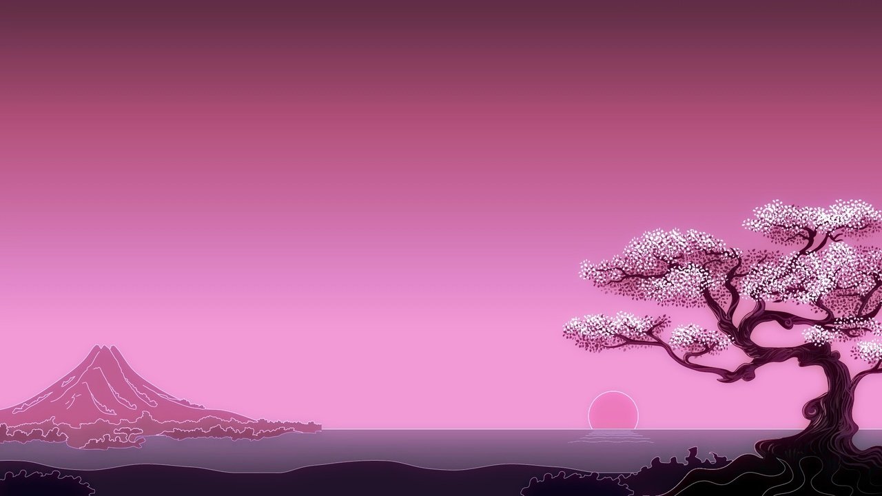 Обои арт, солнце, дерево, море, гора, япония, минимализм, art, the sun, tree, sea, mountain, japan, minimalism разрешение 1920x1080 Загрузить