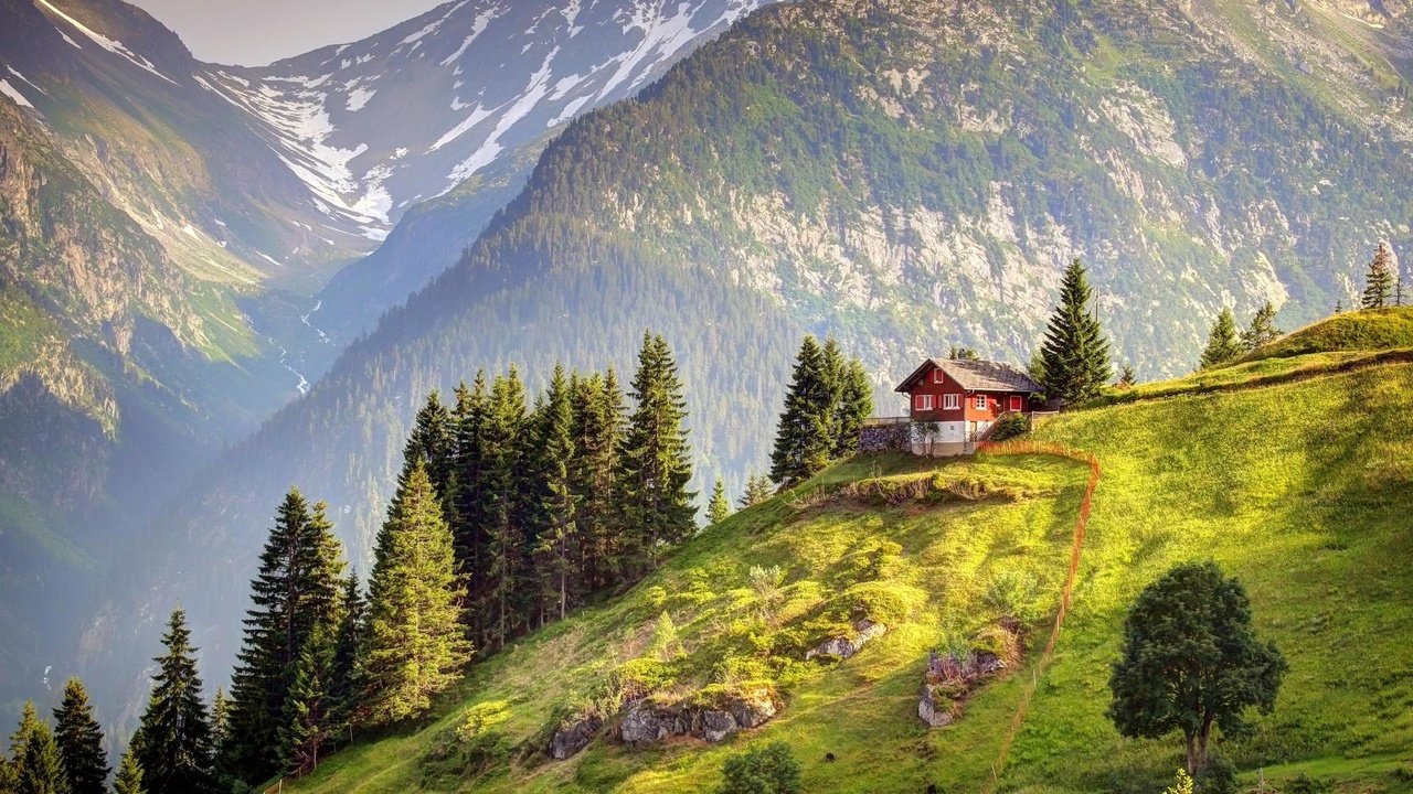 Обои горы, лес, швейцария, домик, альпы, mountains, forest, switzerland, house, alps разрешение 1920x1080 Загрузить