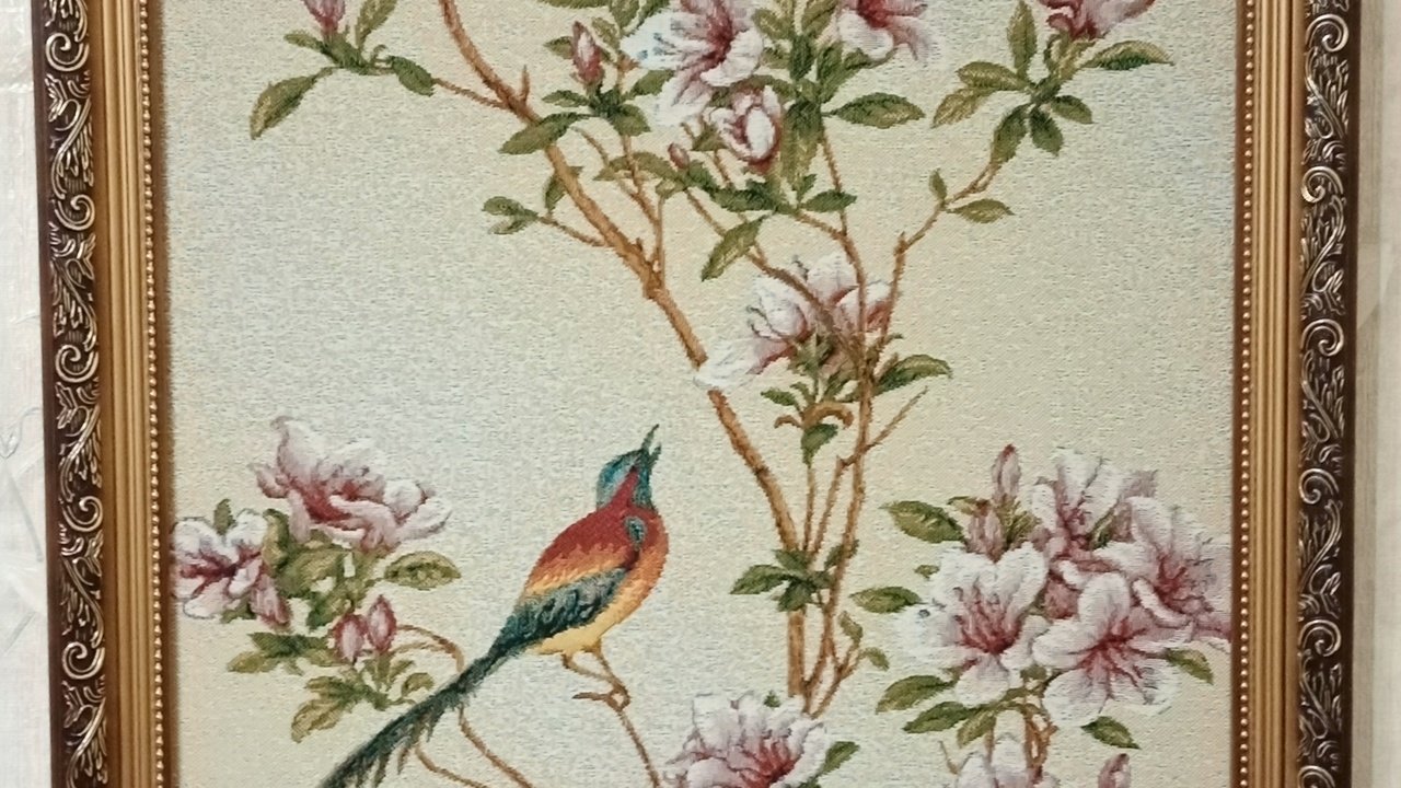 Обои картина, цветущая сакура, райская птица, гобелен, picture, cherry blossoms, bird of paradise разрешение 2000x4160 Загрузить