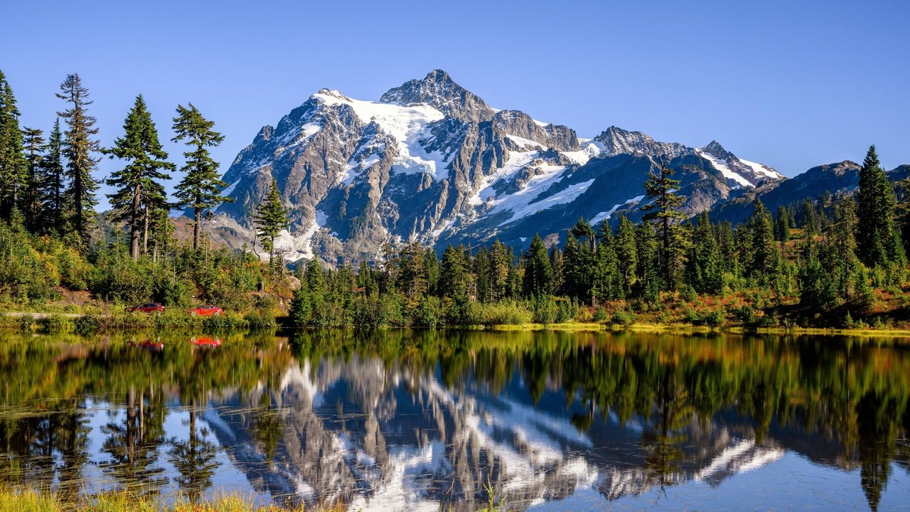 Обои деревья, озеро, горы, лес, отражение, штате вашингтон, cascade range, trees, lake, mountains, forest, reflection, washington state разрешение 6144x4096 Загрузить