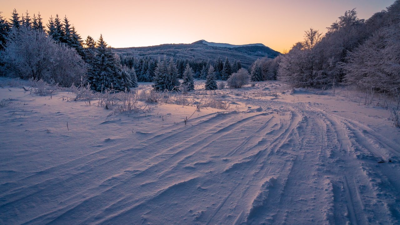 Обои небо, ели, дорога, вечер, горы, снег, лес, зима, ветки, the sky, ate, road, the evening, mountains, snow, forest, winter, branches разрешение 7480x4989 Загрузить