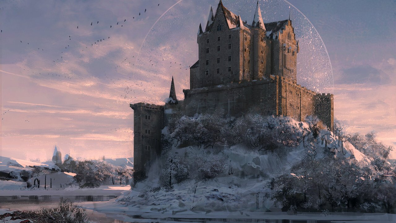 Обои арт, река, зима, замок, птицы, konstantinos skenteridis, art, river, winter, castle, birds разрешение 1920x1232 Загрузить