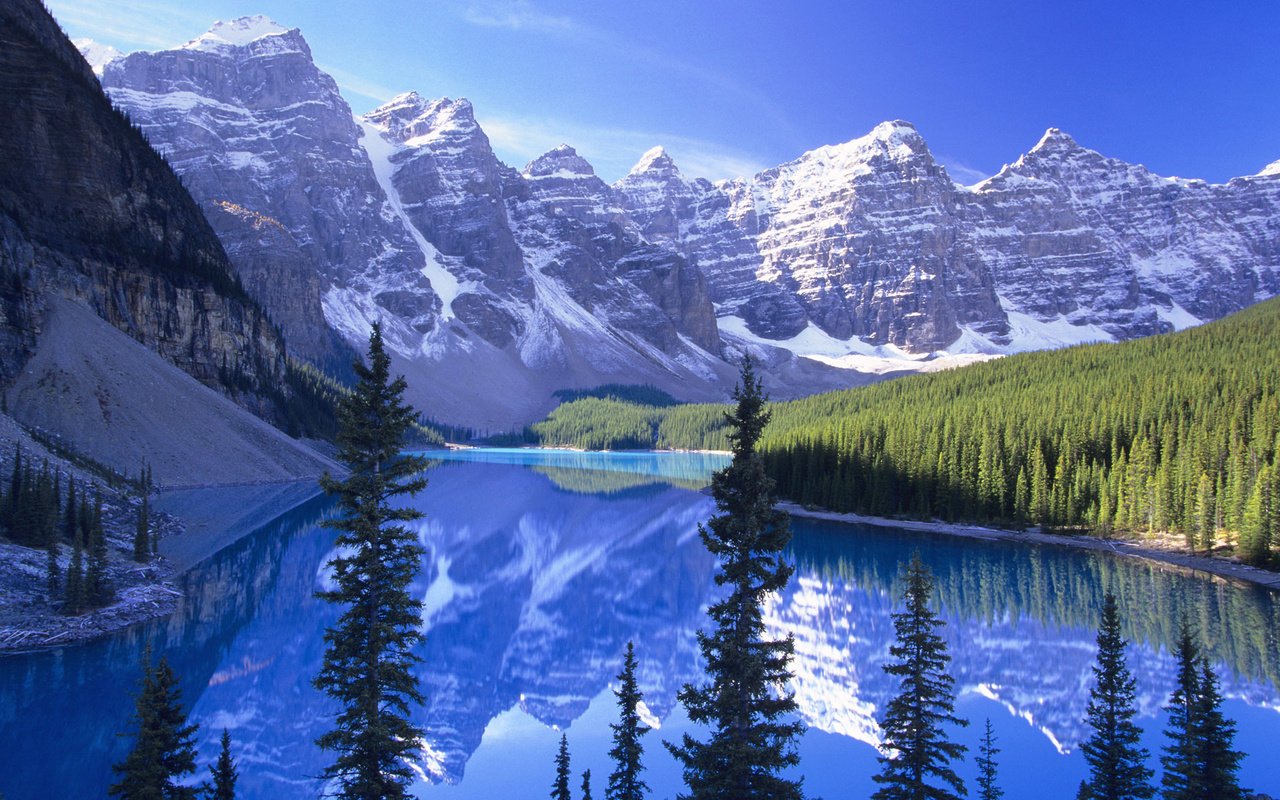 Обои горы, отражение, снежные вершины, горное озеро, mountains, reflection, snowy peaks, mountain lake разрешение 1920x1200 Загрузить