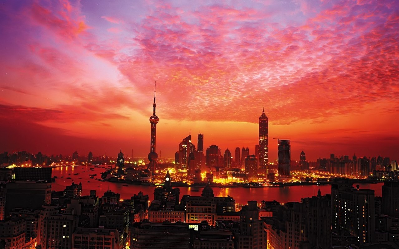 Обои огни, закат, небоскребы, шанхай, башня, lights, sunset, skyscrapers, shanghai, tower разрешение 1920x1200 Загрузить