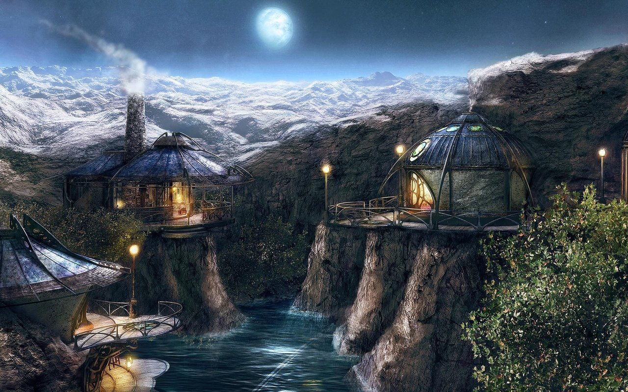 Обои река, горы, myst 4, деревня, луна, river, mountains, village, the moon разрешение 3200x1200 Загрузить