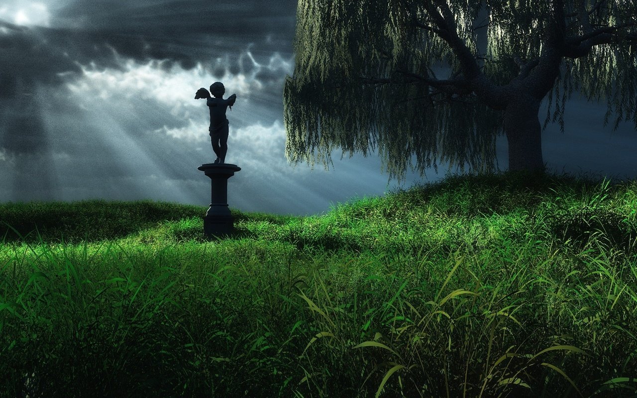 Обои трава, дерево, ангел, статуя, grass, tree, angel, statue разрешение 1920x1200 Загрузить