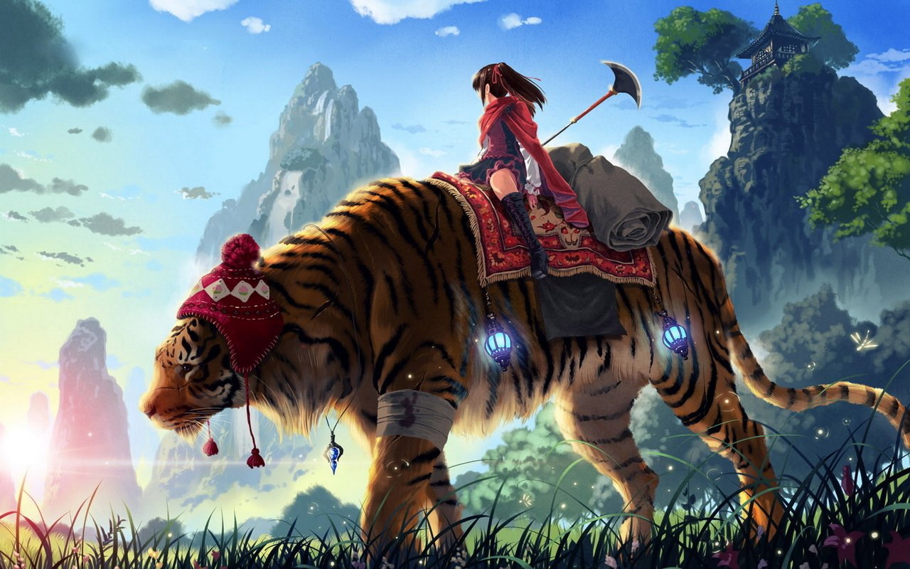 Обои тигр, трава, горы, девушка, копье, kankurou, tiger, grass, mountains, girl, spear разрешение 1920x1200 Загрузить