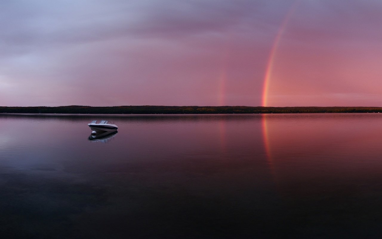 Обои вечер, озеро, радуга, лодка, the evening, lake, rainbow, boat разрешение 2560x1600 Загрузить