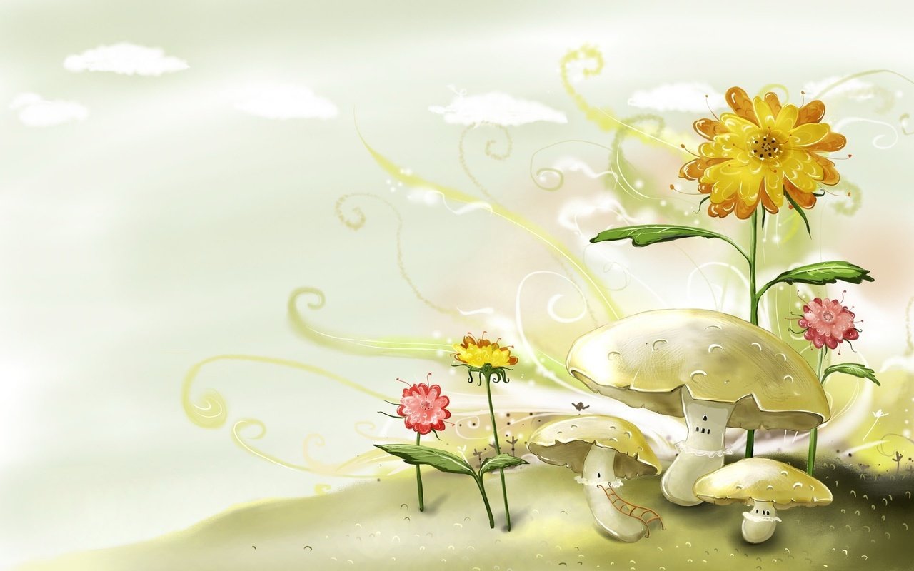 Обои цветы, рисунок, грибы, flowers, figure, mushrooms разрешение 1920x1200 Загрузить