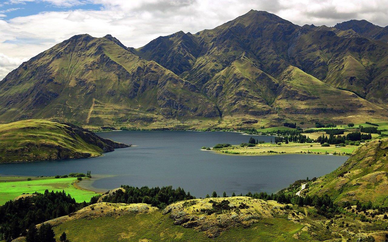 Обои озеро, горы, зелень, новая зеландия, lake, mountains, greens, new zealand разрешение 1920x1200 Загрузить