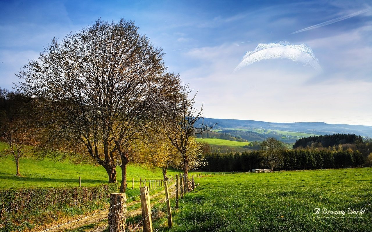 Обои дорога, дерево, поле, забор, dreamy world, road, tree, field, the fence разрешение 1920x1200 Загрузить