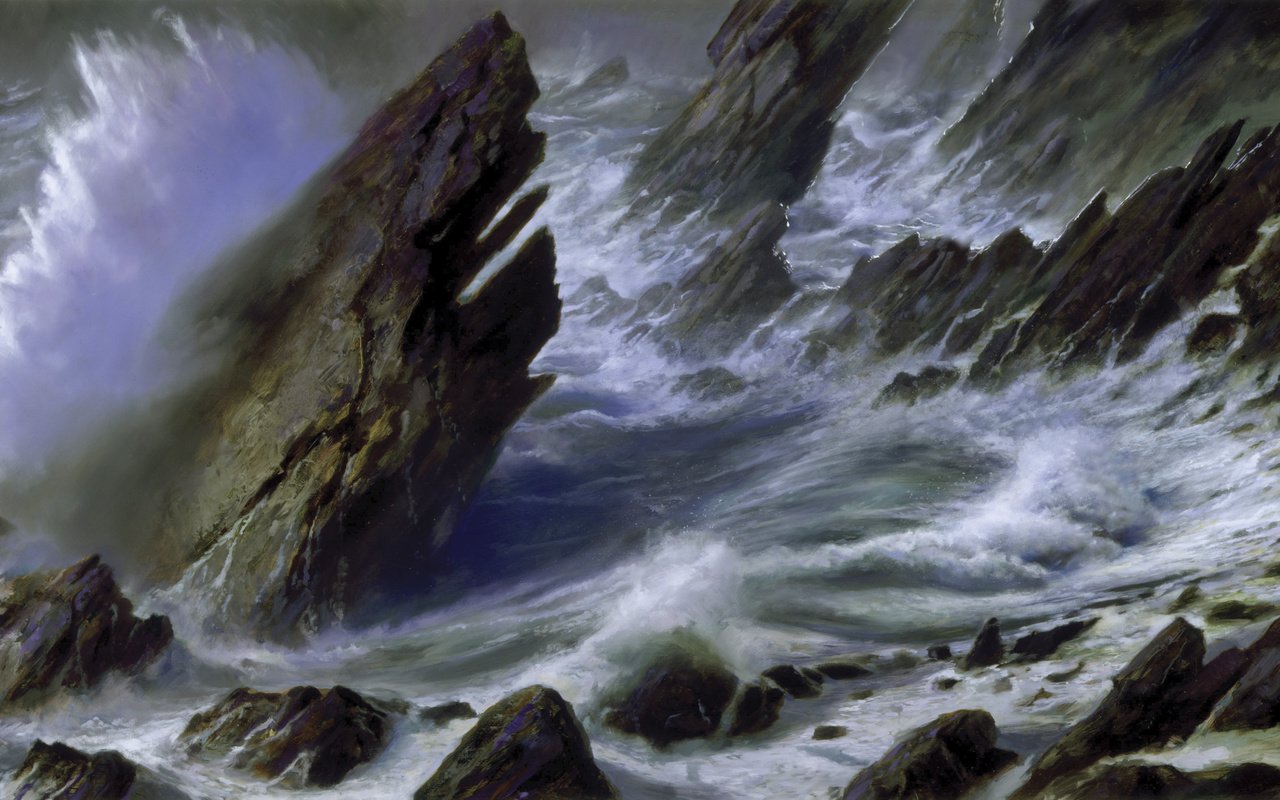 Обои скалы, берег, волны, картина, море, шторм, donato giancola, rocks, shore, wave, picture, sea, storm разрешение 4173x2209 Загрузить