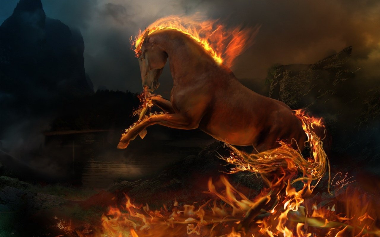 Обои пламя, огонь, животное, конь, flame, fire, animal, horse разрешение 1920x1200 Загрузить