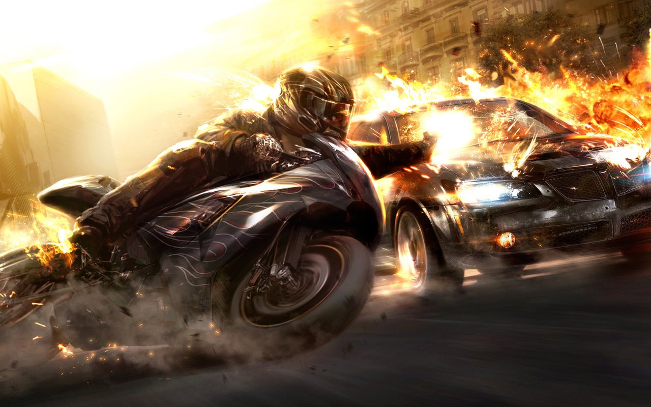 Обои тачки, взрыв, мотоциклы, cars, the explosion, motorcycles разрешение 1920x1080 Загрузить