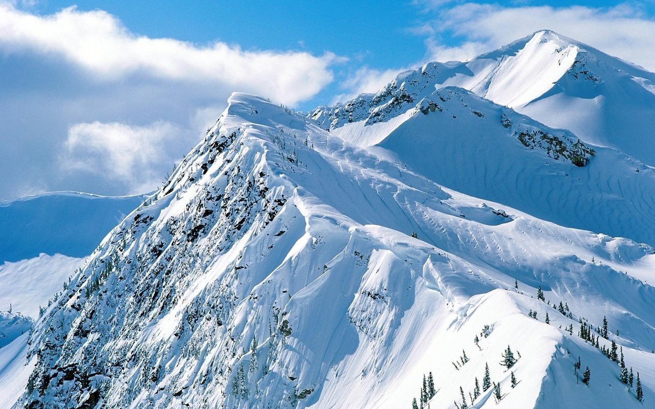 Обои небо, деревья, горы, скалы, снег, склон, the sky, trees, mountains, rocks, snow, slope разрешение 1999x1333 Загрузить