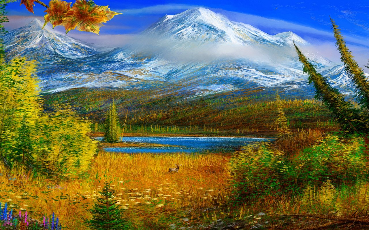 Обои горы, картина, осень, аляска, mountains, picture, autumn, alaska разрешение 2274x1200 Загрузить