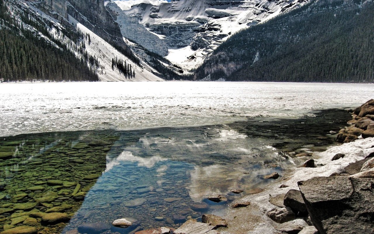 Обои вода, горы, камни, отражение, лёд, water, mountains, stones, reflection, ice разрешение 1920x1440 Загрузить