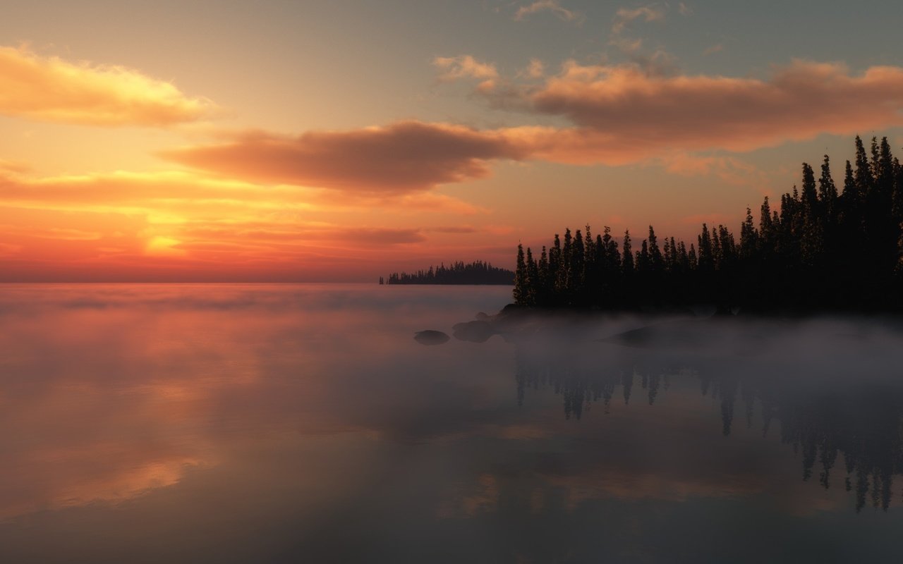 Обои небо, облака, деревья, озеро, закат, туман, горизонт, the sky, clouds, trees, lake, sunset, fog, horizon разрешение 1920x1200 Загрузить