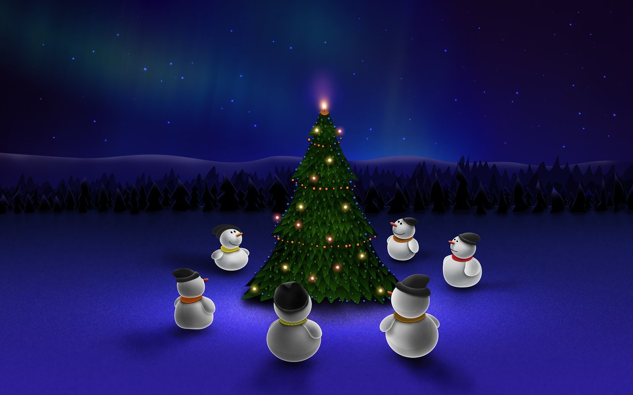 Обои ночь, новый год, елка, синий, снеговики, night, new year, tree, blue, snowmen разрешение 2560x1600 Загрузить