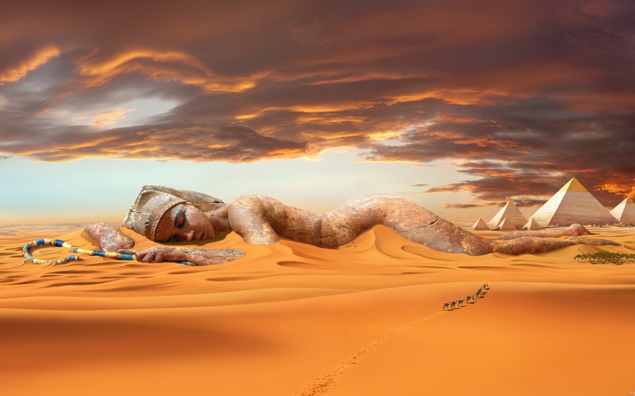 Обои песок, пустыня, статуя, дюны, караван, верблюды, пирамиды, sand, desert, statue, dunes, caravan, camels, pyramid разрешение 1920x1080 Загрузить