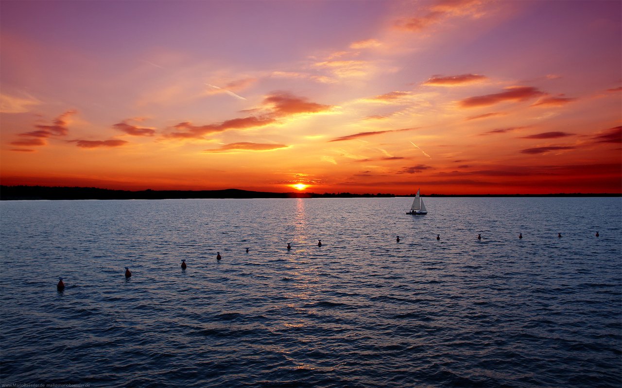 Обои небо, закат, море, горизонт, яхта, the sky, sunset, sea, horizon, yacht разрешение 1920x1200 Загрузить