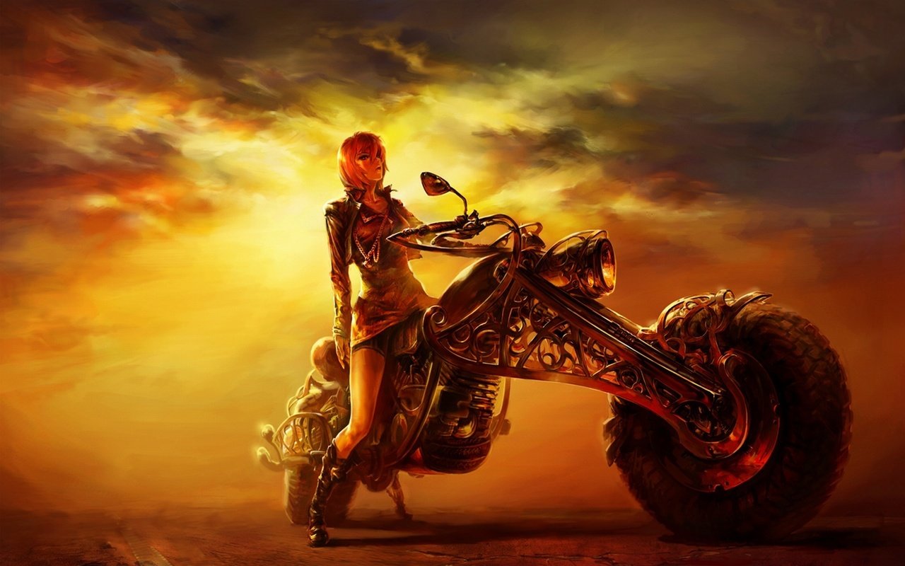 Обои дорога, рисунок, вечер, закат, девушка, мотоцикл, road, figure, the evening, sunset, girl, motorcycle разрешение 1920x1200 Загрузить