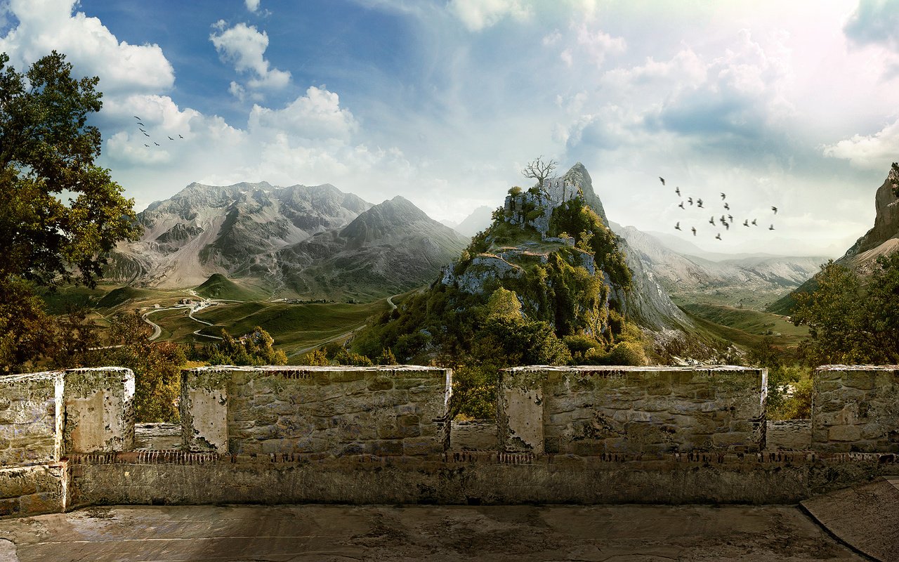 Обои небо, горы, деревня, стена, руины, птицы, балкон, the sky, mountains, village, wall, ruins, birds, balcony разрешение 1920x1050 Загрузить