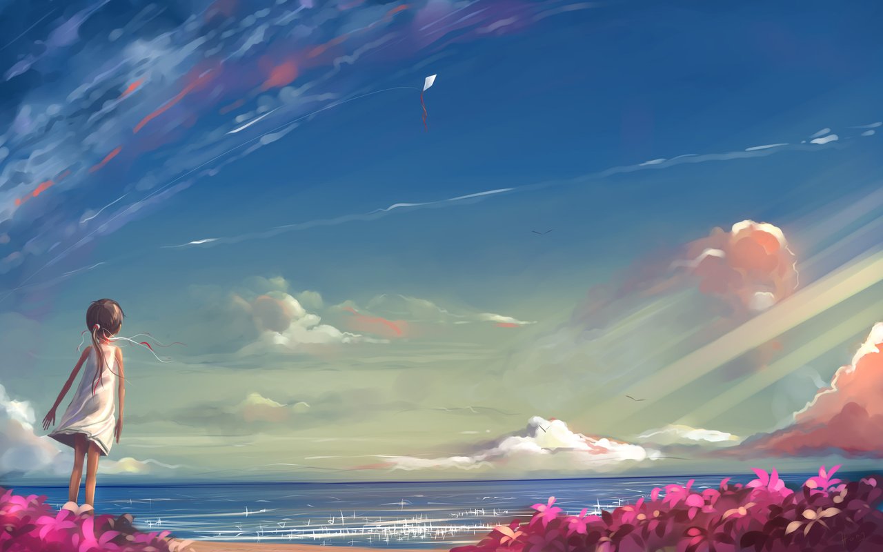 Обои небо, рисунок, море, девочка, ожидание, the sky, figure, sea, girl, waiting разрешение 2560x1600 Загрузить