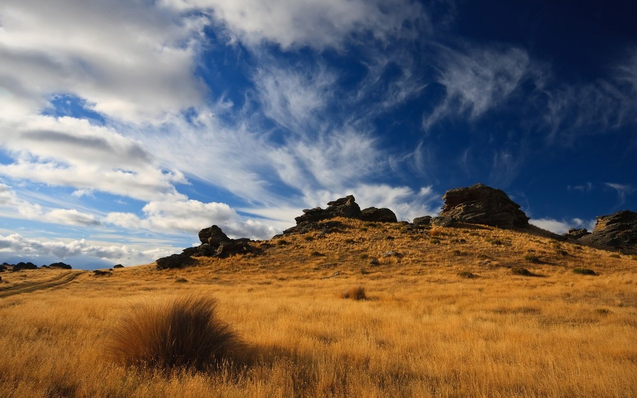 Обои небо, холмы, природа, камни, растения, пейзаж, поле, травы, the sky, hills, nature, stones, plants, landscape, field, grass разрешение 1920x1200 Загрузить