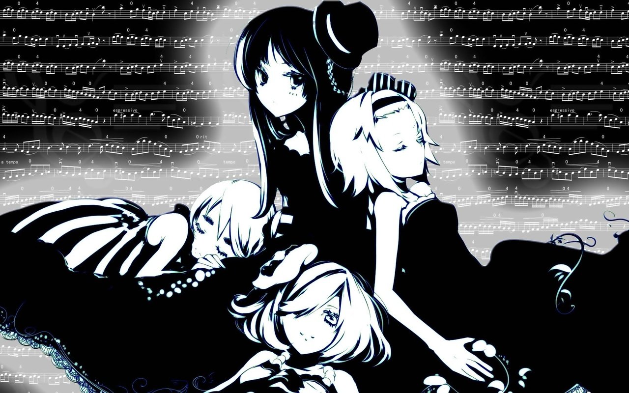 Обои k-on, черно-белое аниме, black and white anime разрешение 1920x1200 Загрузить