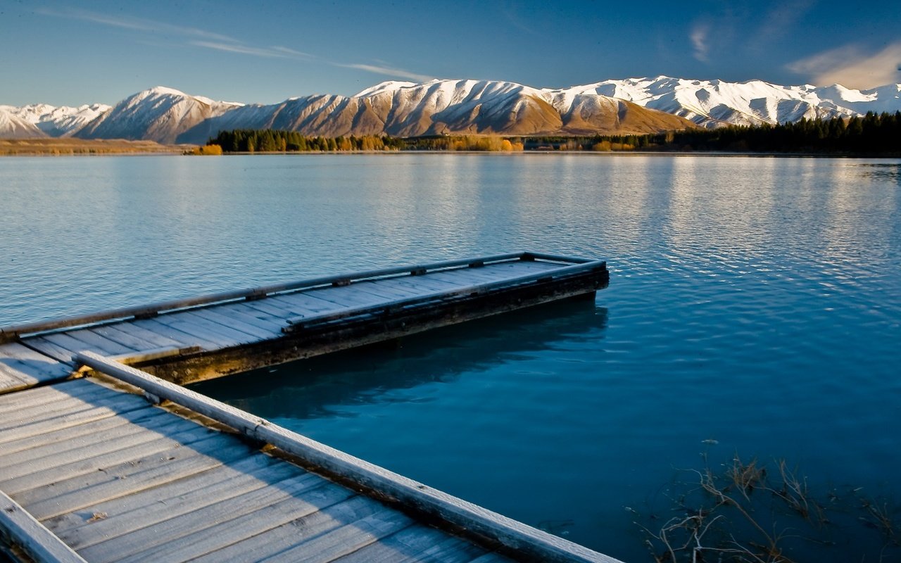 Обои озеро, горы, природа, пирс, новая зеландия, lake, mountains, nature, pierce, new zealand разрешение 1920x1200 Загрузить