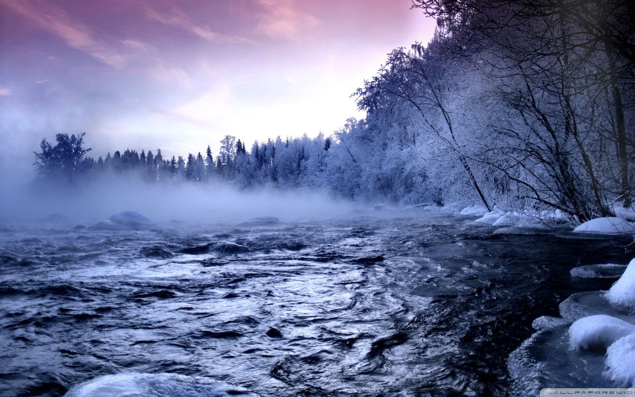 Обои река, снег, лес, зима, туман, river, snow, forest, winter, fog разрешение 1920x1080 Загрузить
