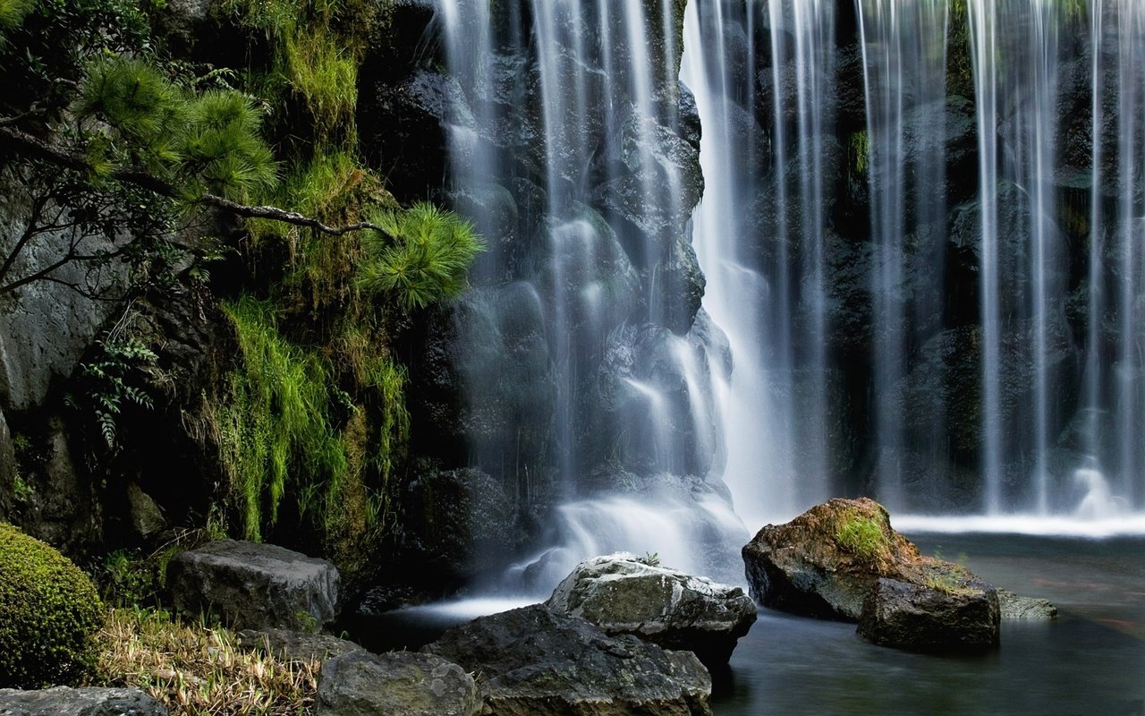 Обои камни, водопад, япония, мох, растительность, stones, waterfall, japan, moss, vegetation разрешение 1920x1200 Загрузить