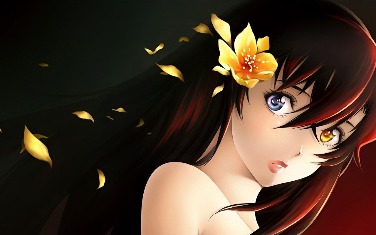 Обои девушка, цветок, портрет, взгляд, аниме, волосы, лицо, girl, flower, portrait, look, anime, hair, face разрешение 1920x1080 Загрузить