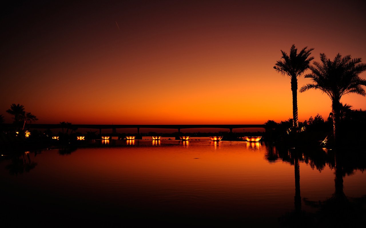 Обои закат, город, пальмы, дубай, sunset, the city, palm trees, dubai разрешение 2560x1600 Загрузить