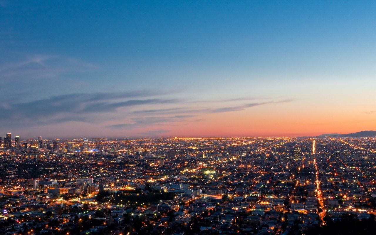 Обои вид, панорама, лос-анджелес, вечерние огни, лос-анжелес, view, panorama, los angeles, evening lights разрешение 2831x1080 Загрузить