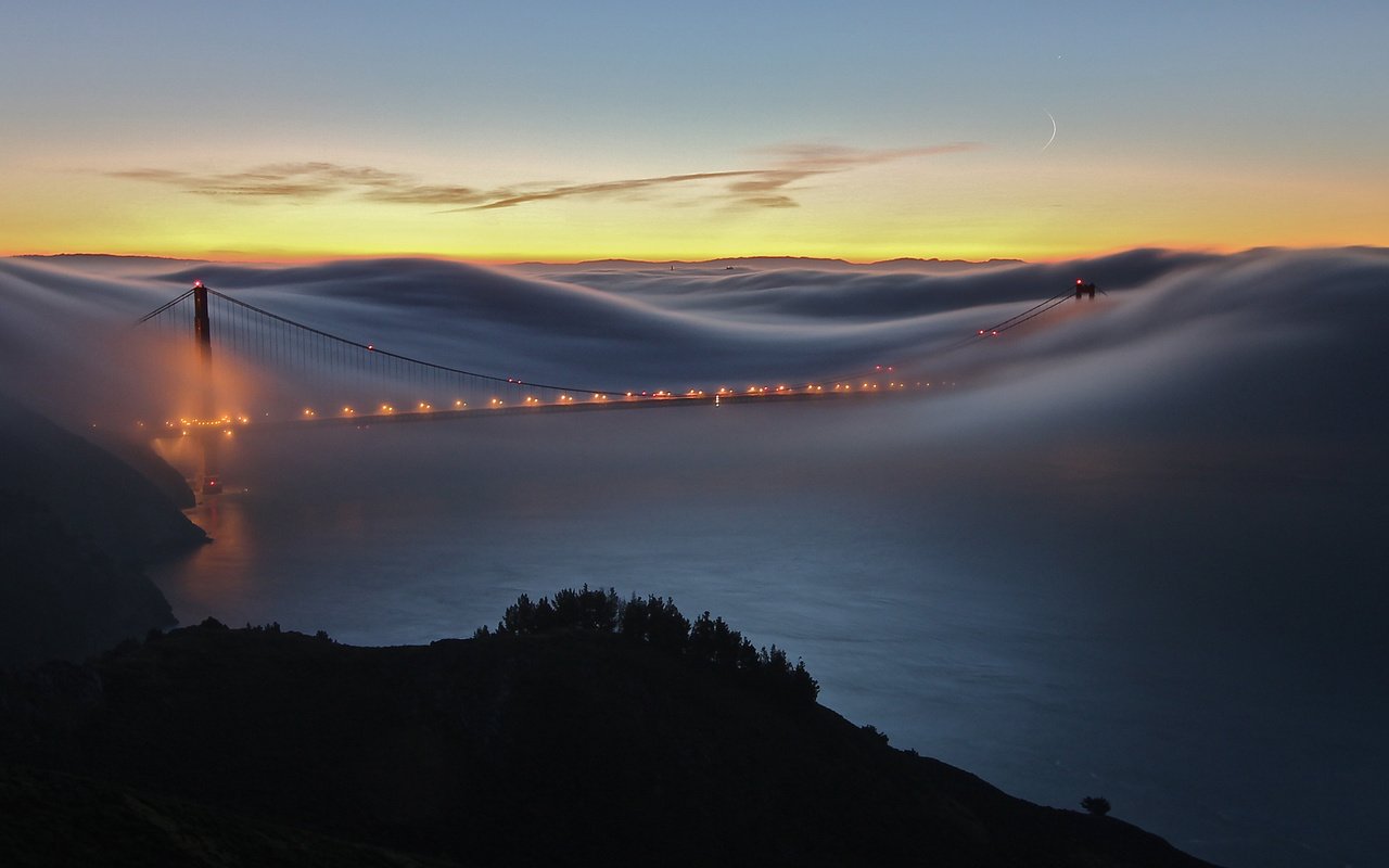 Обои туман, мост, лос-анжелес, fog, bridge, los angeles разрешение 3200x1200 Загрузить